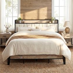 California King Bed Frame with Storage Headboard & Charging Station Rustic White and Cream Upholstered Platform Bed Frame, Sturdy Noise-Free Metal Sup