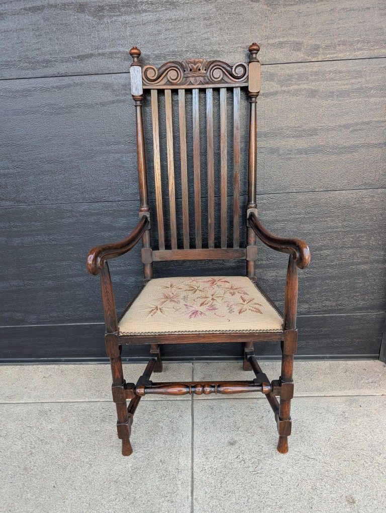 Antique Tall Oak Arm Chair Vintage Embroidery Upholstery