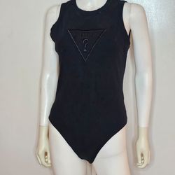 GUESS Black Ribbed Sleeveless Logo One-Piece Bodysuit Size XL 94% Cotton