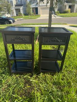Pair of Black /Burgundy Wood Nightstands with Drawer