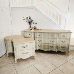 French Provincial Dresser and nightstands, chest of drawers and lamp stands