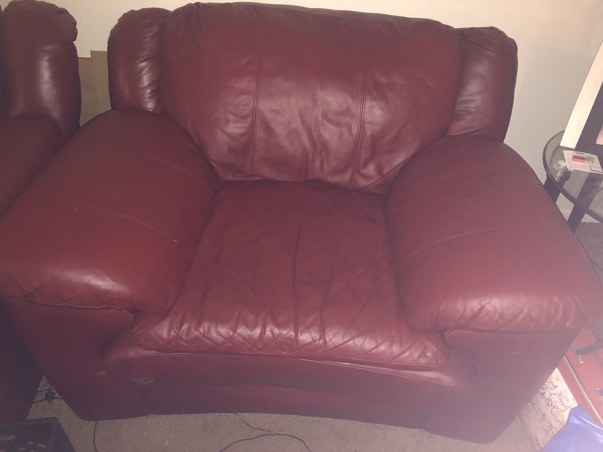 Leather Red couch love seat and ottoman