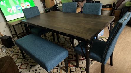 Dark Wood Dining Table with blue  4 Chairs