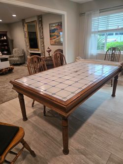 Vintage Oak Ceramic Tile Dining Table and 6 Chairs