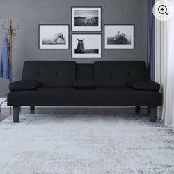 DHP Marley Sofa Sleeper Cupholder Futon with 2 Pillows in Black