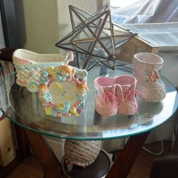 Lot Of Four Vintage Ceramic It’s A Girl Planters Baby Girl Newborn Nursery Pink Shower Party Decorations