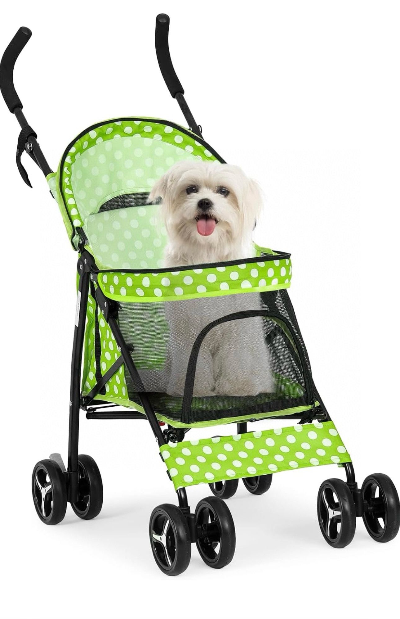 4 Wheels Pet Stroller, Easy-Fold Umbrella Shaped Dog Cat Jogger Stroller w/Storage Bag & Visible Mesh for Small/Medium Dogs Cats Lawn Gree