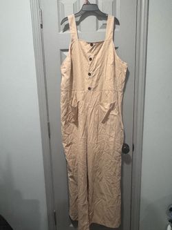 Beige Button-Front Wide Leg Jumpsuit