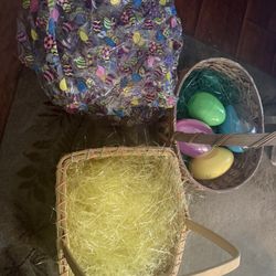 2 Large Easter Baskets W/ Eggs & Plastic