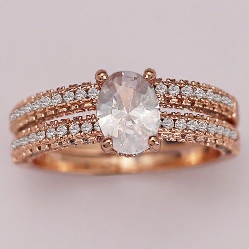 "Dainty Oval Gemstone Anillo Micro Pave Rose Gold Ring Set for Women, VIP592