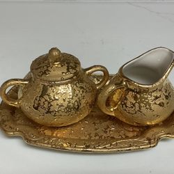 Vintage 1950’s Weeping Bright Gold Creamer & Sugar Set Tray
