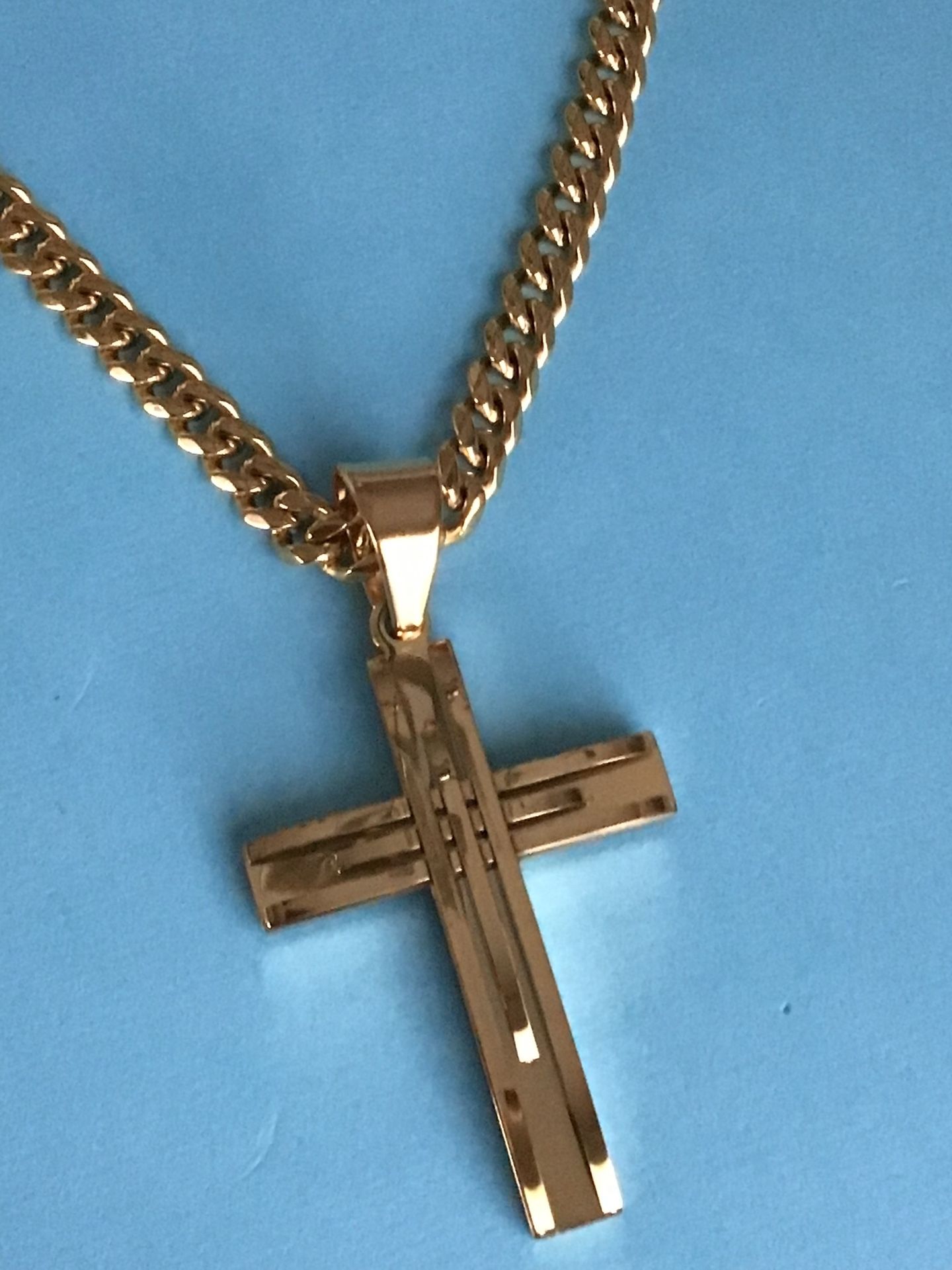 Gold on Stainless Steel Detailed 1.5” Cross on Cuban Style Chain *Pickup Boca Raton Or Ship Nationwide