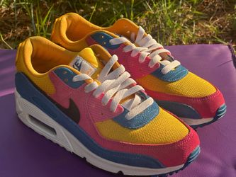 Nike size 8  Air Max 90 Multicolor Suede sneaker, featuring a vibrant colorway of yellow, blue, and pink.