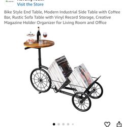 Fully Assembled Bike Style End Table, Black Iron and Wood Table