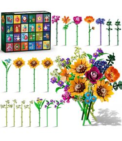 Xmas Advent Calendar Wildflower Bouquet Building Set with Lights 24 Day Christmas Countdown Flowers Building Kit, Botanical Craft Home Decor, Gift for