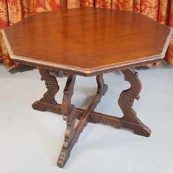 Antique Octagon Wood Center Table Carved Walnut Jacobean Renaissance Card Game Parlor library Victorian 004