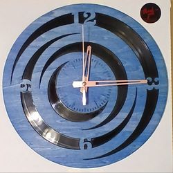 Blue and Black Vinyl Record and Wood Wall Clock