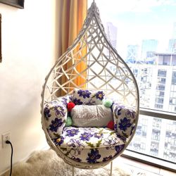 Boho Hanging Egg Chair - Stand & Floral Cushions Included