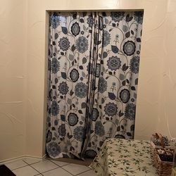 White and blue floral curtains