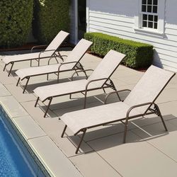 2391i $280  Chaise Lounge Outdoor, Aluminum Pool Lounge Chairs Set of 4 (Beige) 5-Position Adjustable Backrest with Armrests, Rust-Resistant Aluminum 