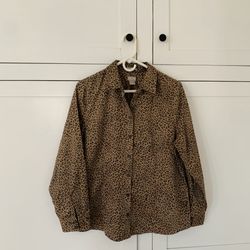 Chico’s No-Iron Coolmax Brown Leopard Collar Button Long Sleeve Shirt 12/14