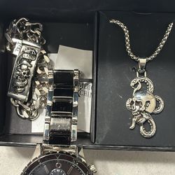Ed hardy watch, bracelet and necklace combo