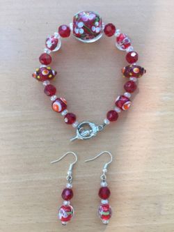 Lamp Work Large Ruby Flower Bracelet Earrings Set