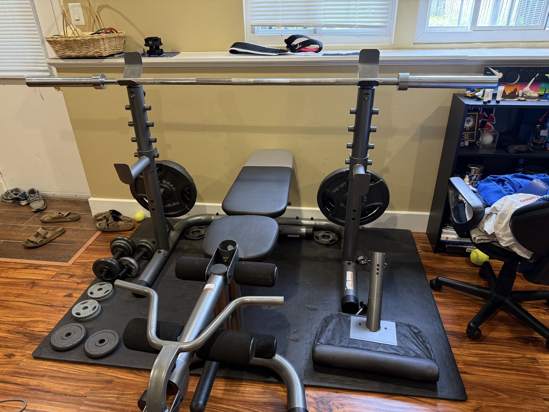 Home Gym Setup: 300lbs, Adjustable Rack, Adjustable Bench With Preacher Curl And Leg Extension.