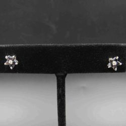 Sterling Silver Flower Dark Topaz & Diamond Chip Stud Earrings Vintage