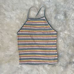 Woman’s Ribbed Striped Halter Crop Top — Size S