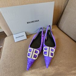 Balenciaga BB Knife Velvet Slingback Flats Size 37 /7