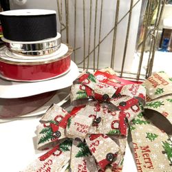 Lot of Holiday Ribbon, Bows And Metal Rack for Crafting 