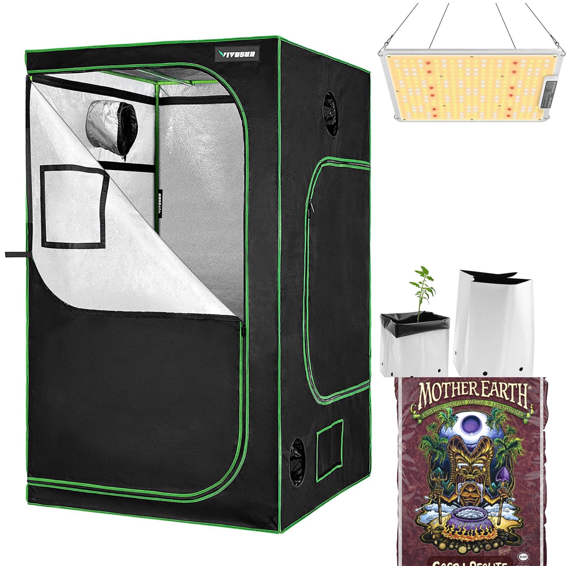 6 Plants Grow Kit, Grow Tent 4x4 ft LED Grow Light 1000W Sunlike Spectrum, Grow Bags, Plants Soil