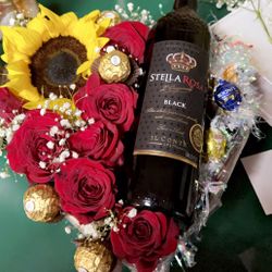Valentines Flowers With Wine 
