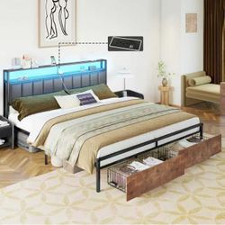 King LED Bed Frame with Drawers, King Bed Frame with 2-Tier Storage & Leather Upholstered