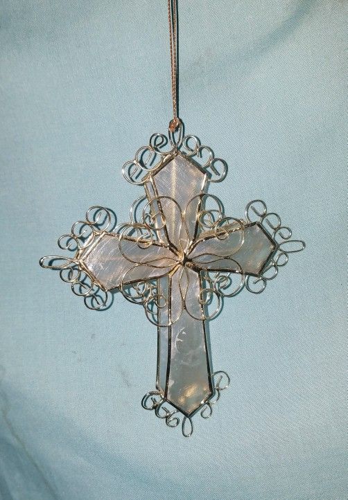 Vintage 3D Golden Wire & Faux Shell Cross Christmas Ornament Christian Symbol