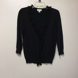 Women’s LOFT Ann Taylor 100% cotton black 3/4 sleeve ruffled trim cardigan sweater… Size small