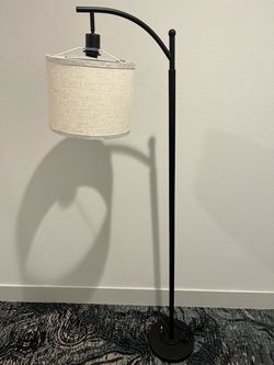 Black Arc Floor Lamp with Linen Drum Shade
