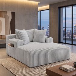 New Modern Oversized Chaise Lounge Chair Indoor, Corduroy Sofa, Deep Seat Sleeper Sofa with Cup Holders, Cloud Sofa Couch for Living Room, Light Gray 