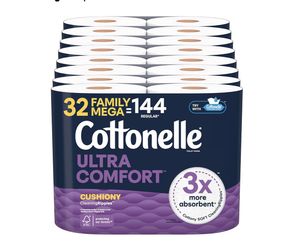 Cottonelle Ultra Comfort Toilet Paper with Cushiony CleaningRipples Texture, 32 Family Mega Rolls = 144 Regular Rolls (8 Packs of 4)