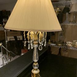 Ornate Antique Brass & Crystal Lamp 