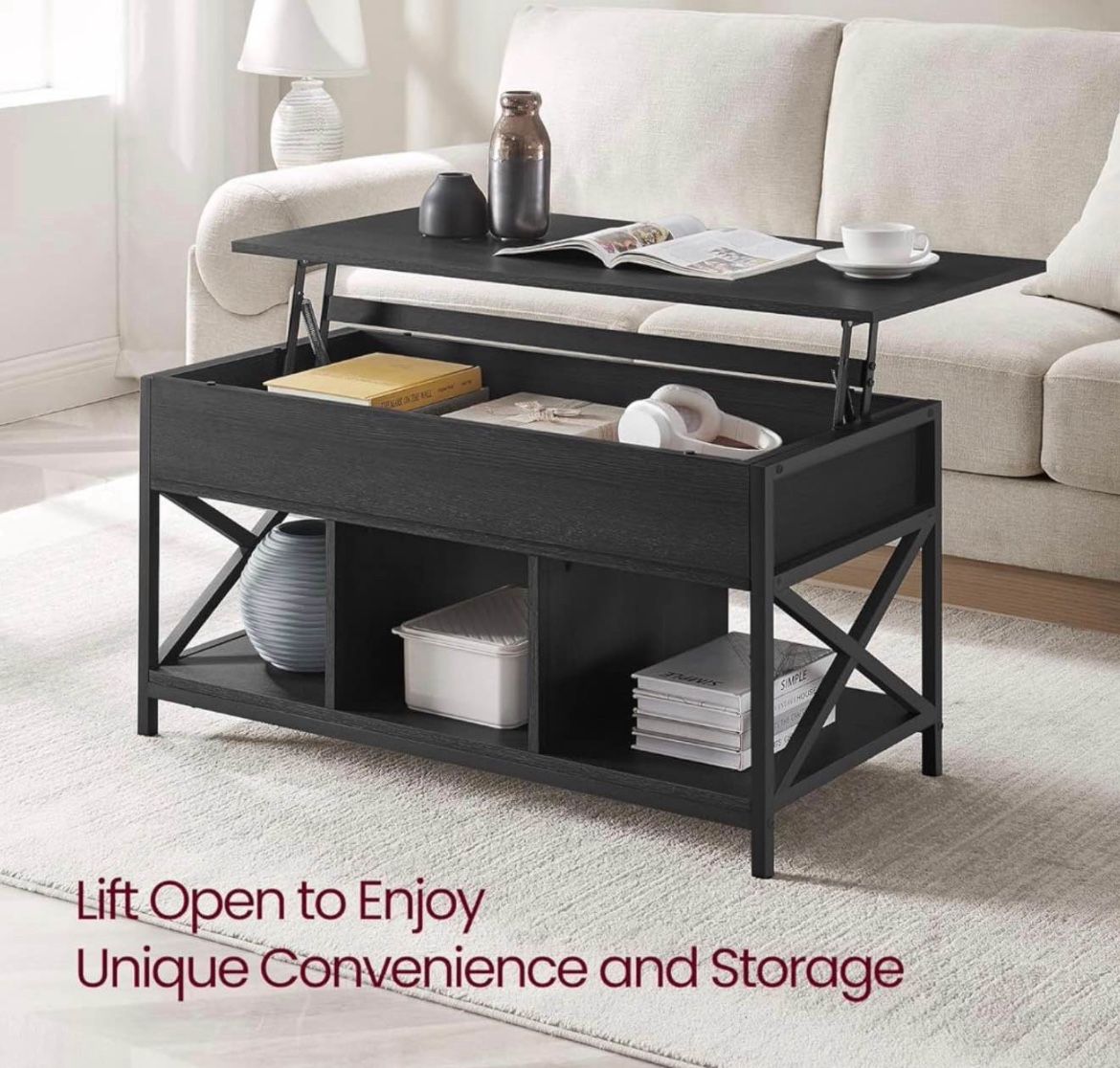 Lift Top Coffee Table, Lift Coffee Table with Storage Shelf, Hidden Compartments and Lifting Top, for Living Room, Office, 19.7 x 39.4 x (