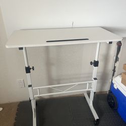 White Standing Adjustable Desk On Wheels