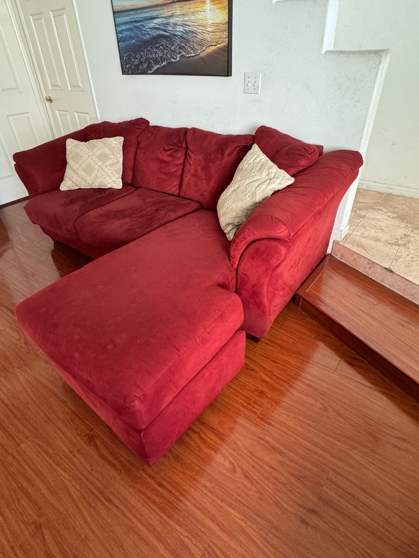 Red Microfiber Sectional Couch + Matching Loveseat