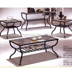 living room coffee table set with metal frame and tile top