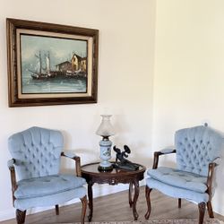 Elegant Blue Accent Chairs (Set of 2) + Framed Wall Art