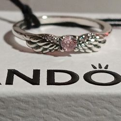 Pandora Authentic Brand New Sterling Silver Angel Wings Sparkling Pink Stone Ring Size 9 