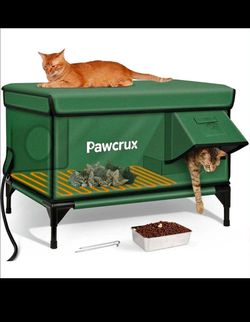 Pawcrux Elevated Heated Cat House, Green, Medium