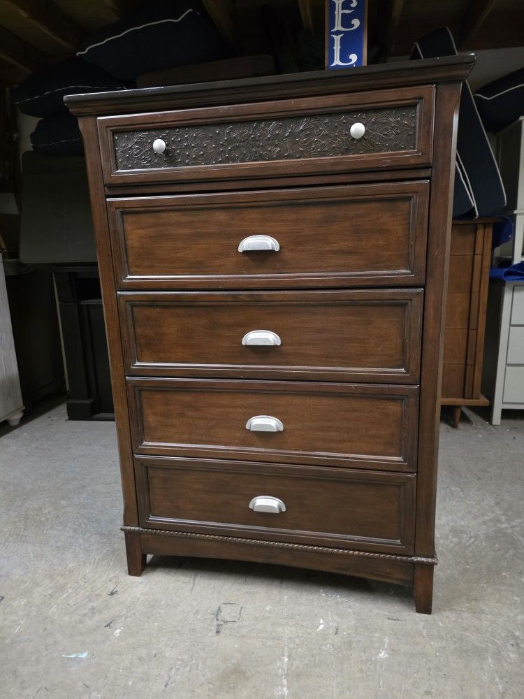 Modern Dark Walnut 5 Drawer Tallboy Dresser