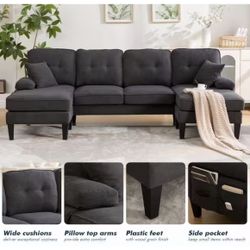 100 in. Arm 4-piece U-Shape Modern Linen Upholstered Sectional Sofa with Double Chaises and Side Pocket in Dark Grey